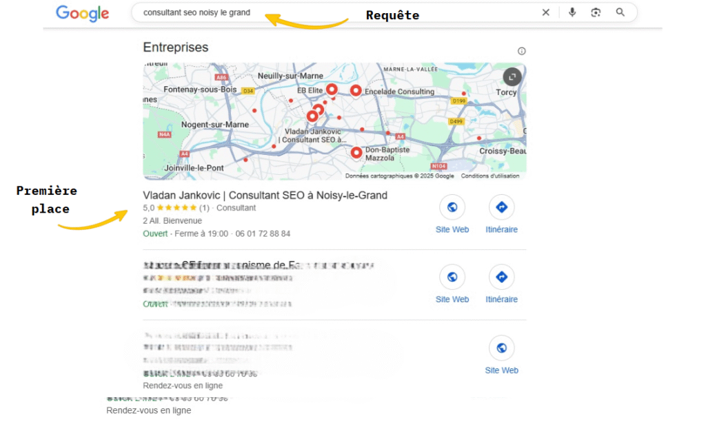 Comment remplir sa fiche Google Entreprise : requete de google consultant SEO Noisy le grand et la réponde dans la Google business profile avec Vladan Jankovic en première place .