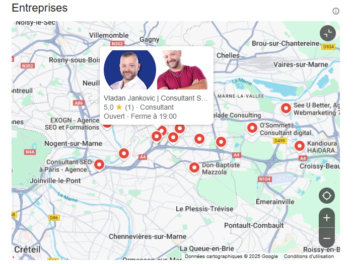 Comment remplir sa fiche Google Entreprise : map entreprise avec Vladan Jankovic qui ressort en premier. Consultant SEO Noisy le grand