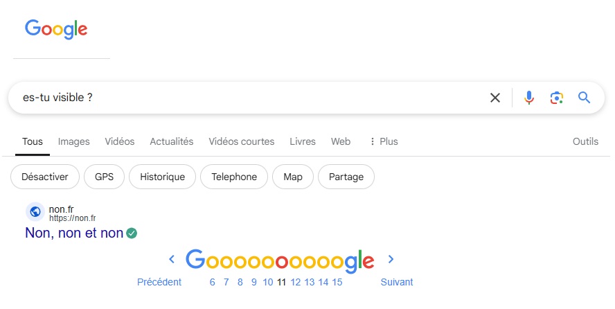 Page de recherche de google. pour montrer que le site n'est pas visible et qu'il faut un audit technique SEO. Selon Vladan Consultant SEO Noisy le grand.